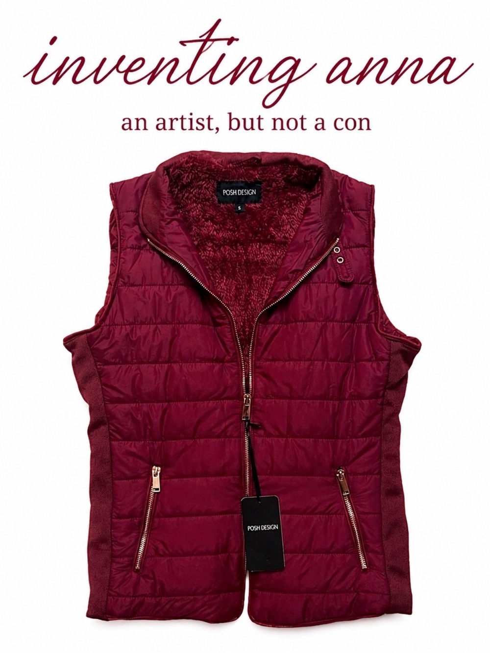 Accessorize Burgundy Puffer Vest Sherpa Lined Zip Pockets Gold Hardware